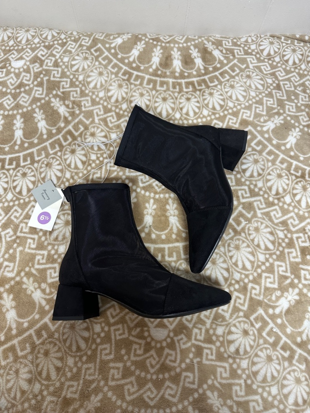a new day Black Pointed Toe Block Heel Mesh Ankle Boots